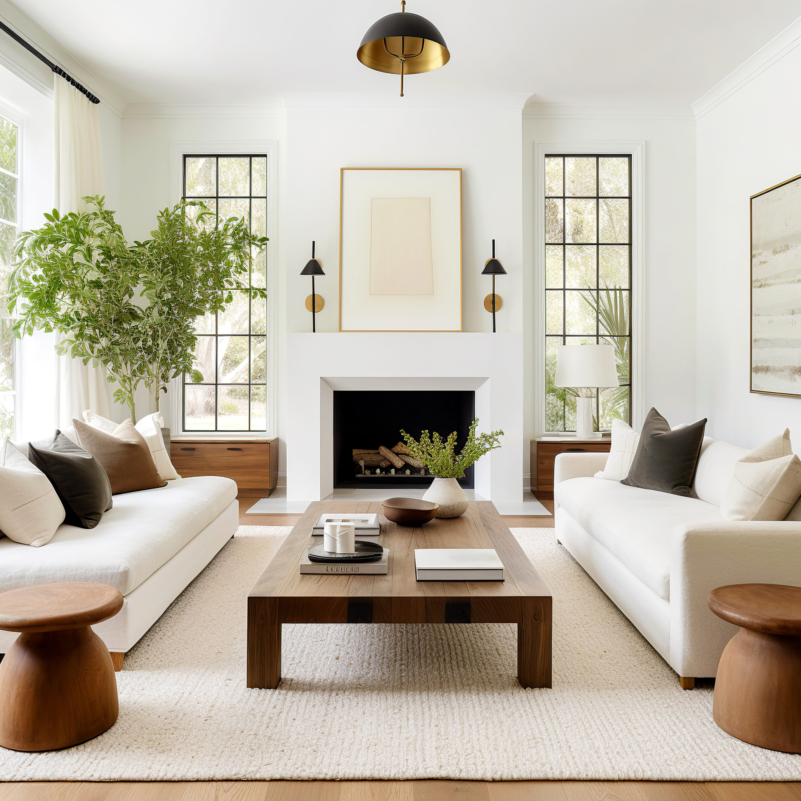 Art deco interior design of modern living room with fireplace.