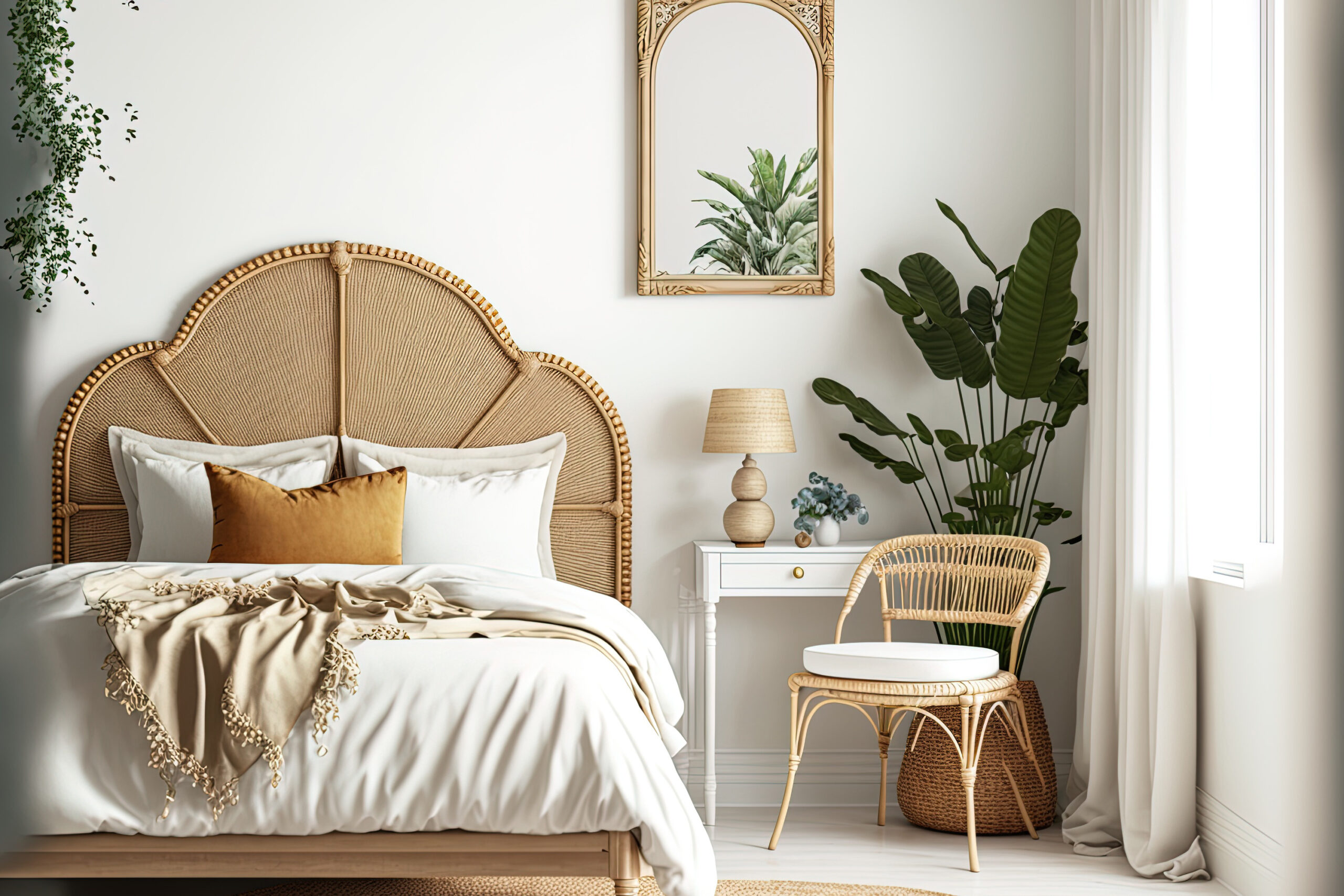 Coastal style home mockup of a bedroom interior with rattan furniture against a blank wall. Generative AI